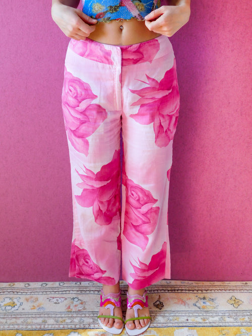 2000s Linen rose print pants