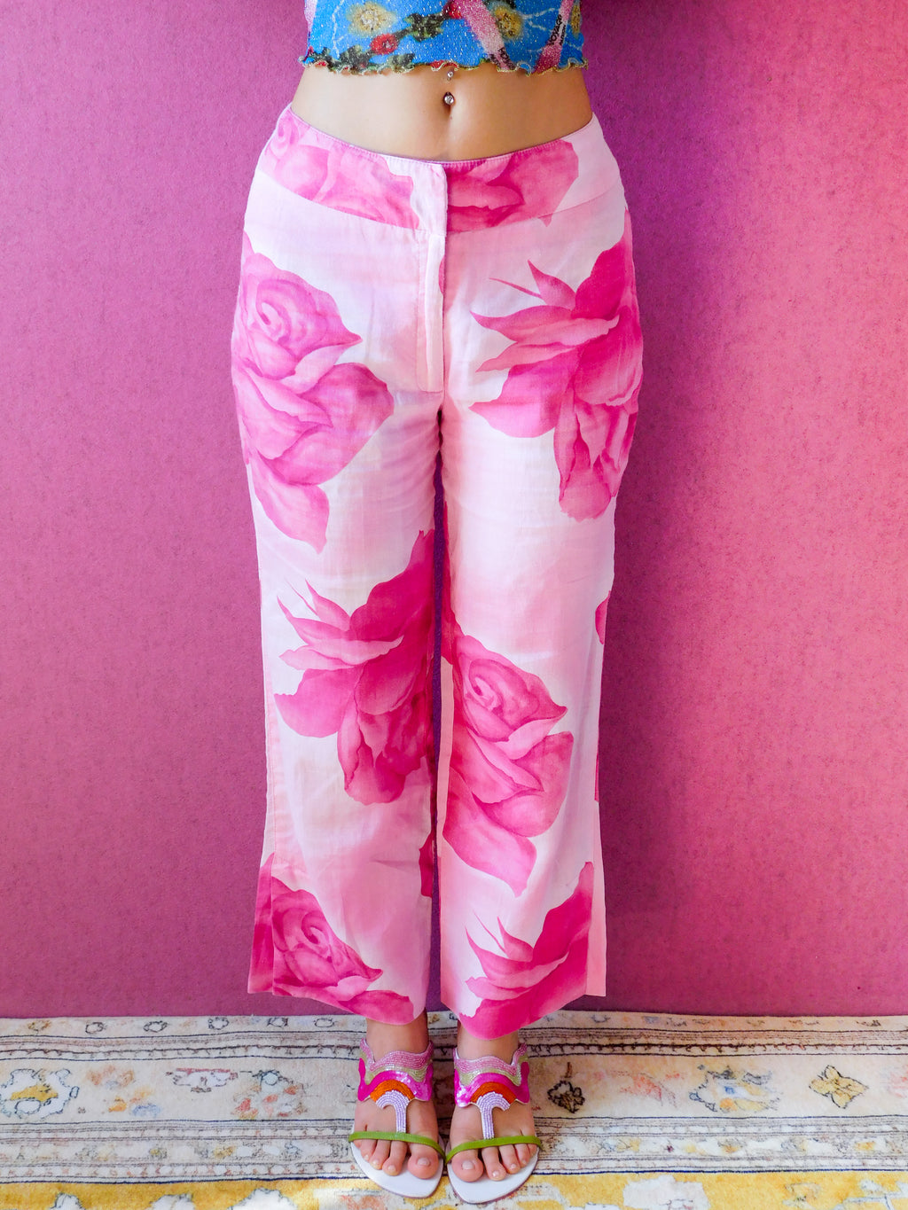 2000s Linen rose print pants