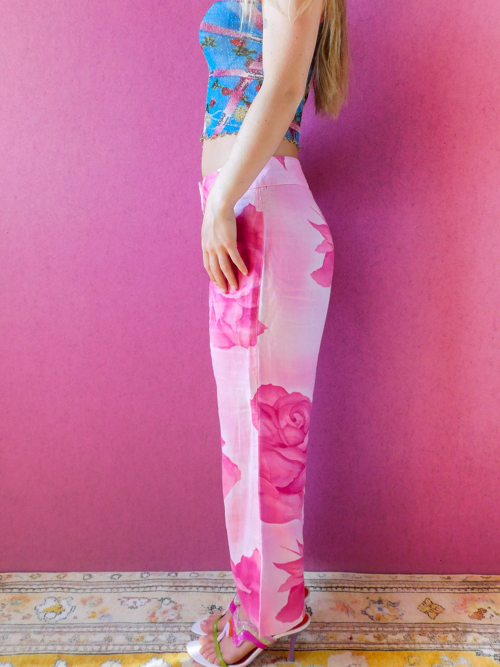2000s Linen rose print pants