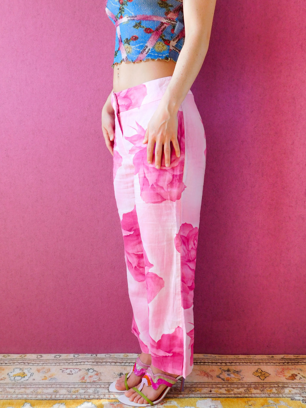 2000s Linen rose print pants