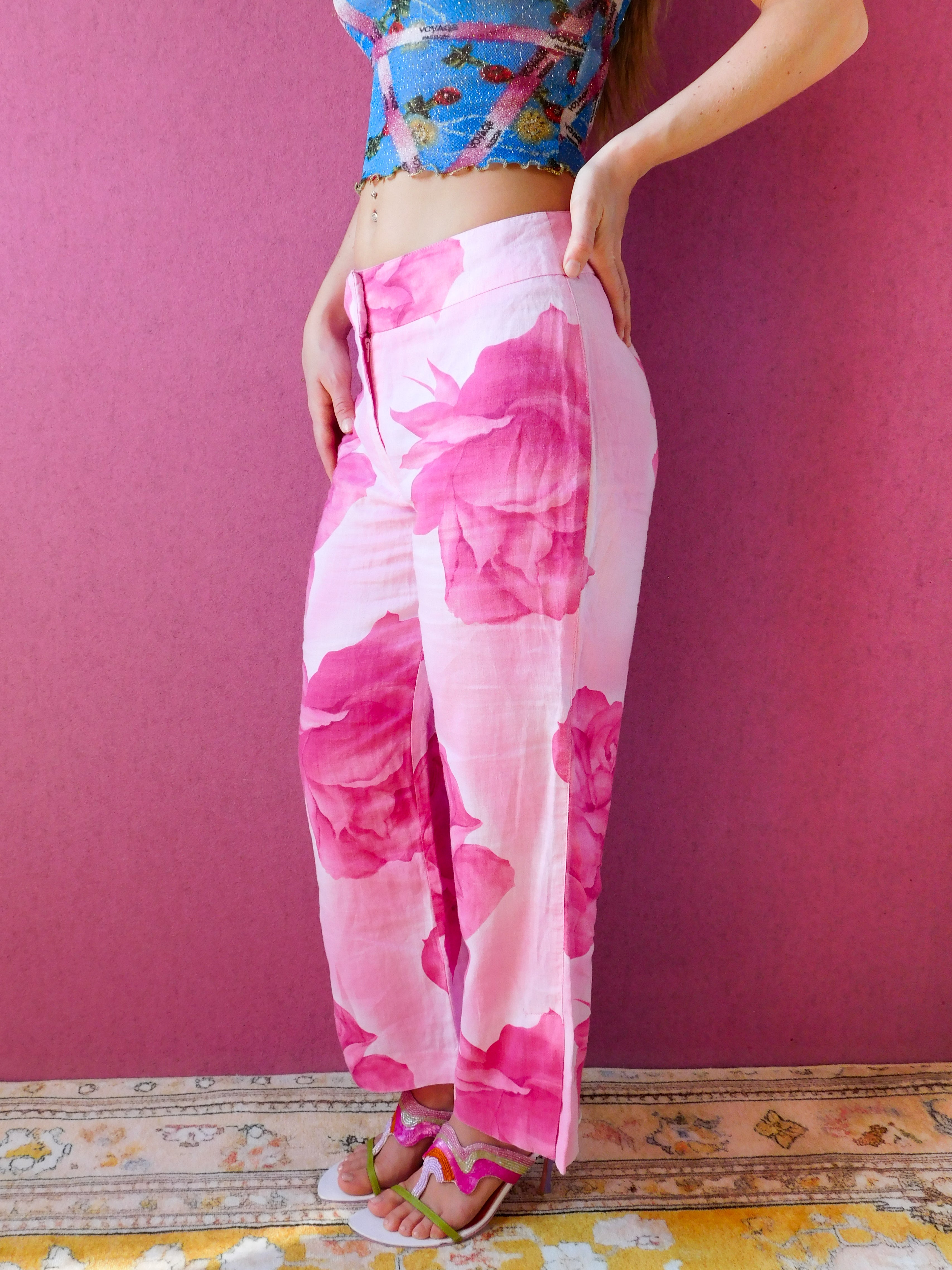2000s Linen rose print pants
