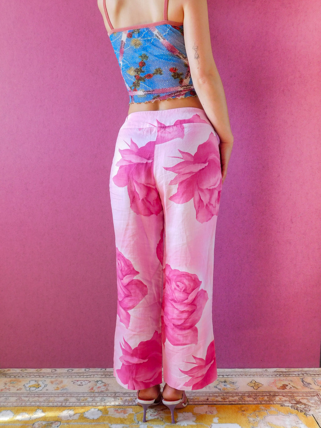 2000s Linen rose print pants