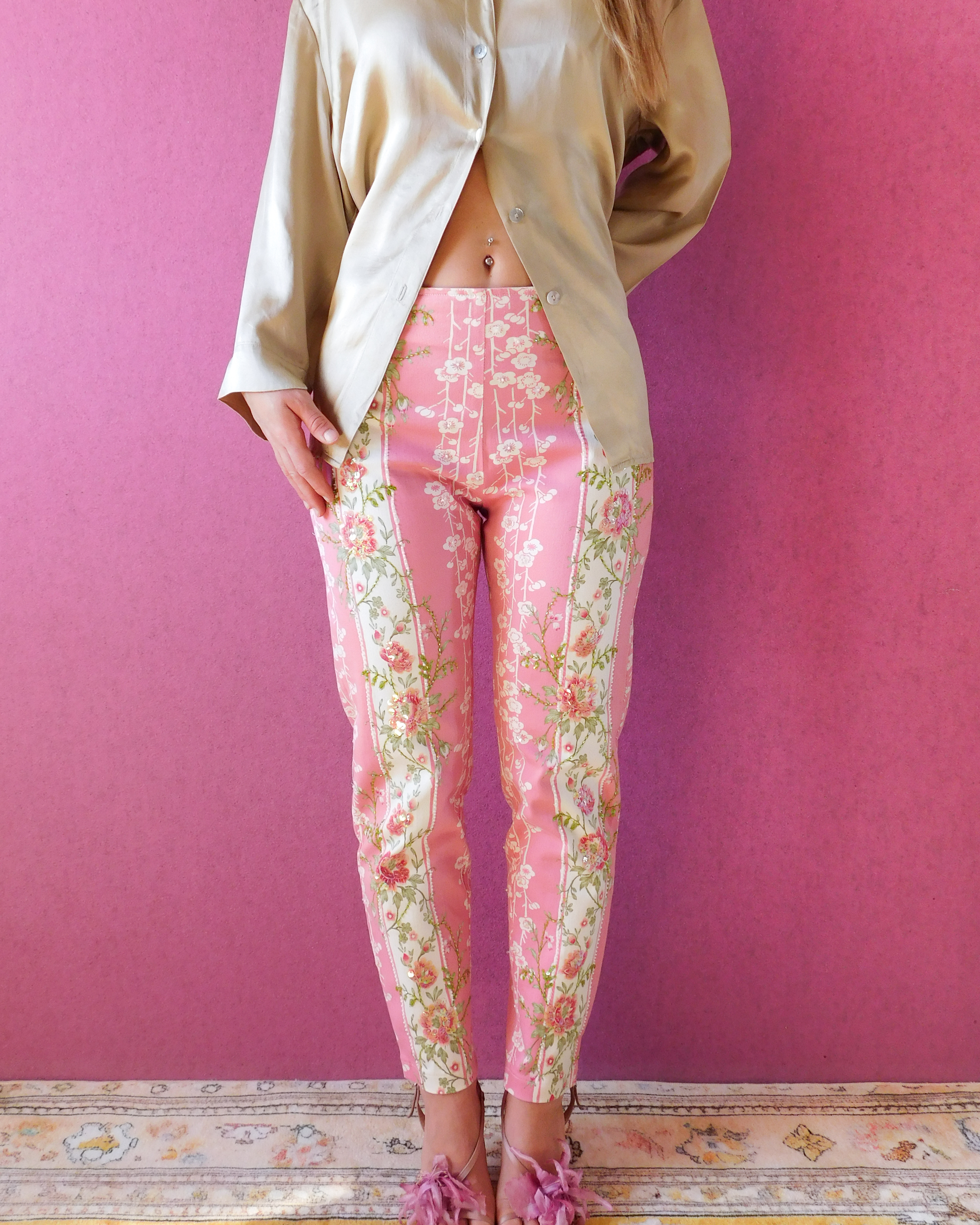 y2k beaded rose print pants